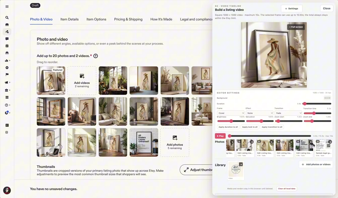 Video editor beside an Etsy artwork listing, with source photos and a preview