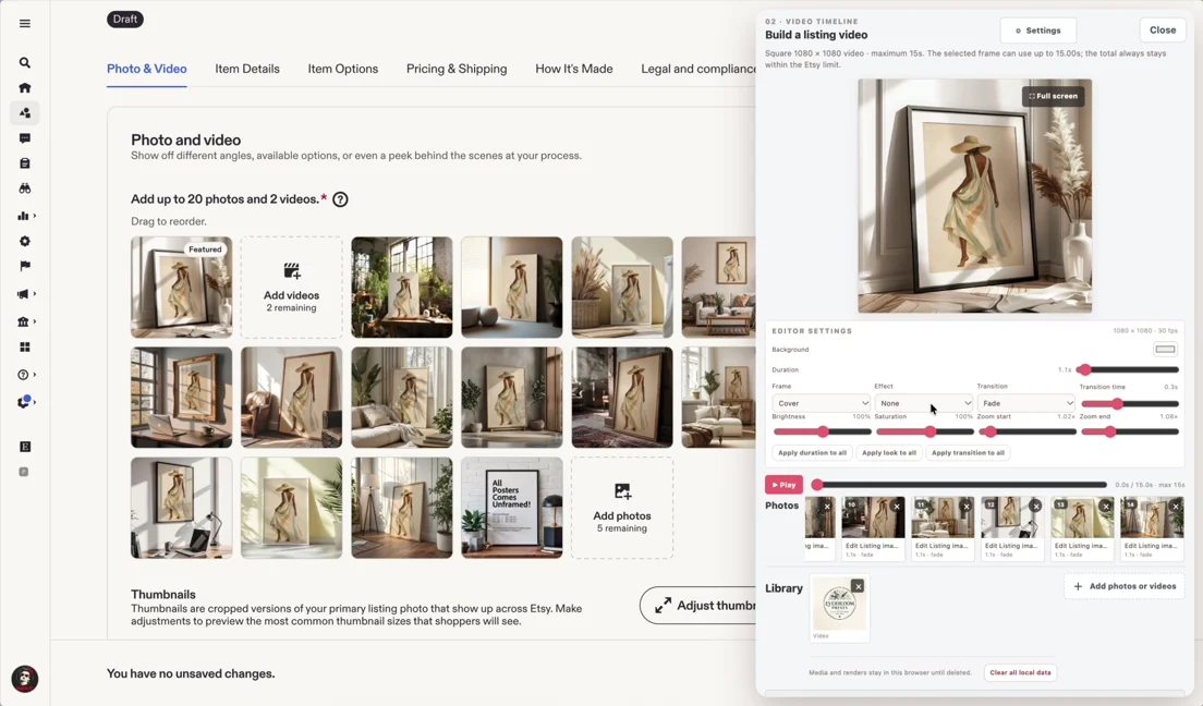Listing video preview, timing controls, and product photos in the editor