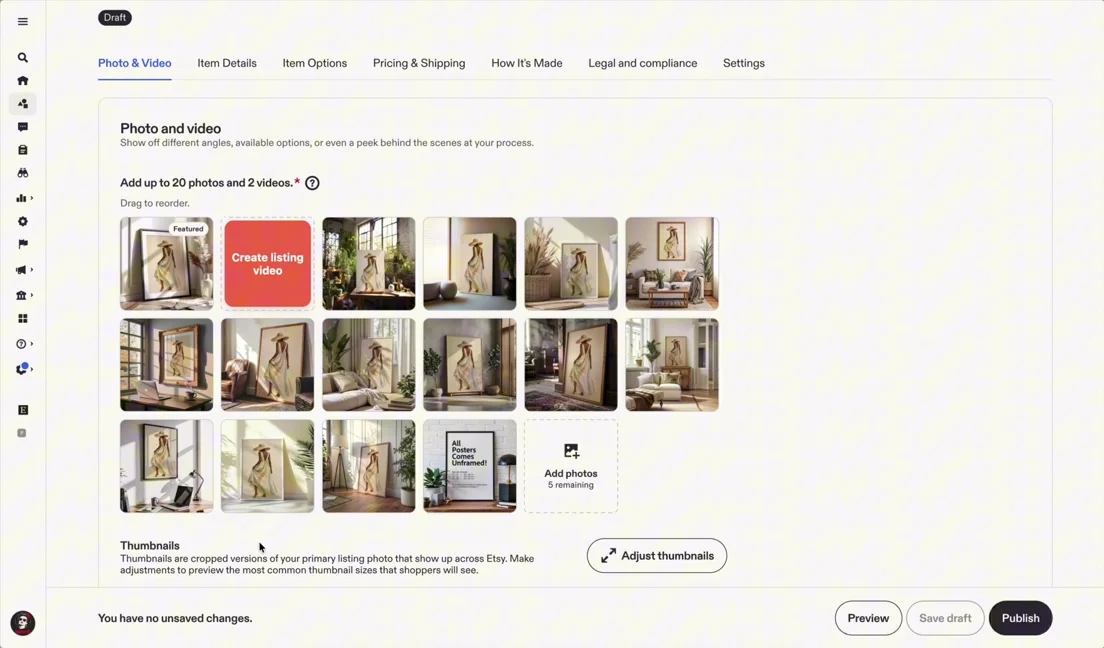 Etsy Photo and Video section with the Create listing video tile